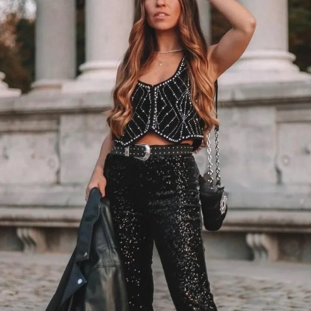 ZARA Black Velvet Waistcoat With Rhinestones Sz XS Vest Whimsigoth Boho Glam - Picture 4 of 16